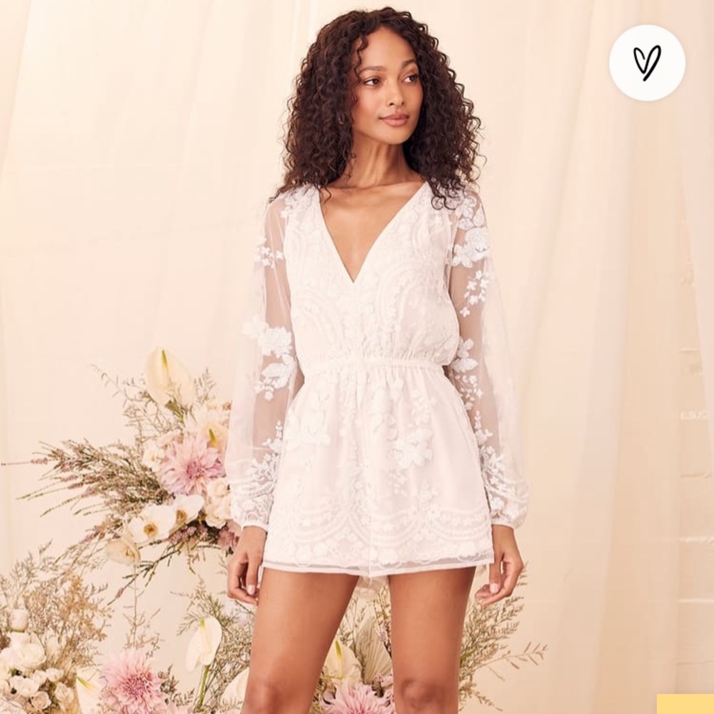 Lulus Celebrating Forever  | White Sequin | Long Sleeve Romper | Small